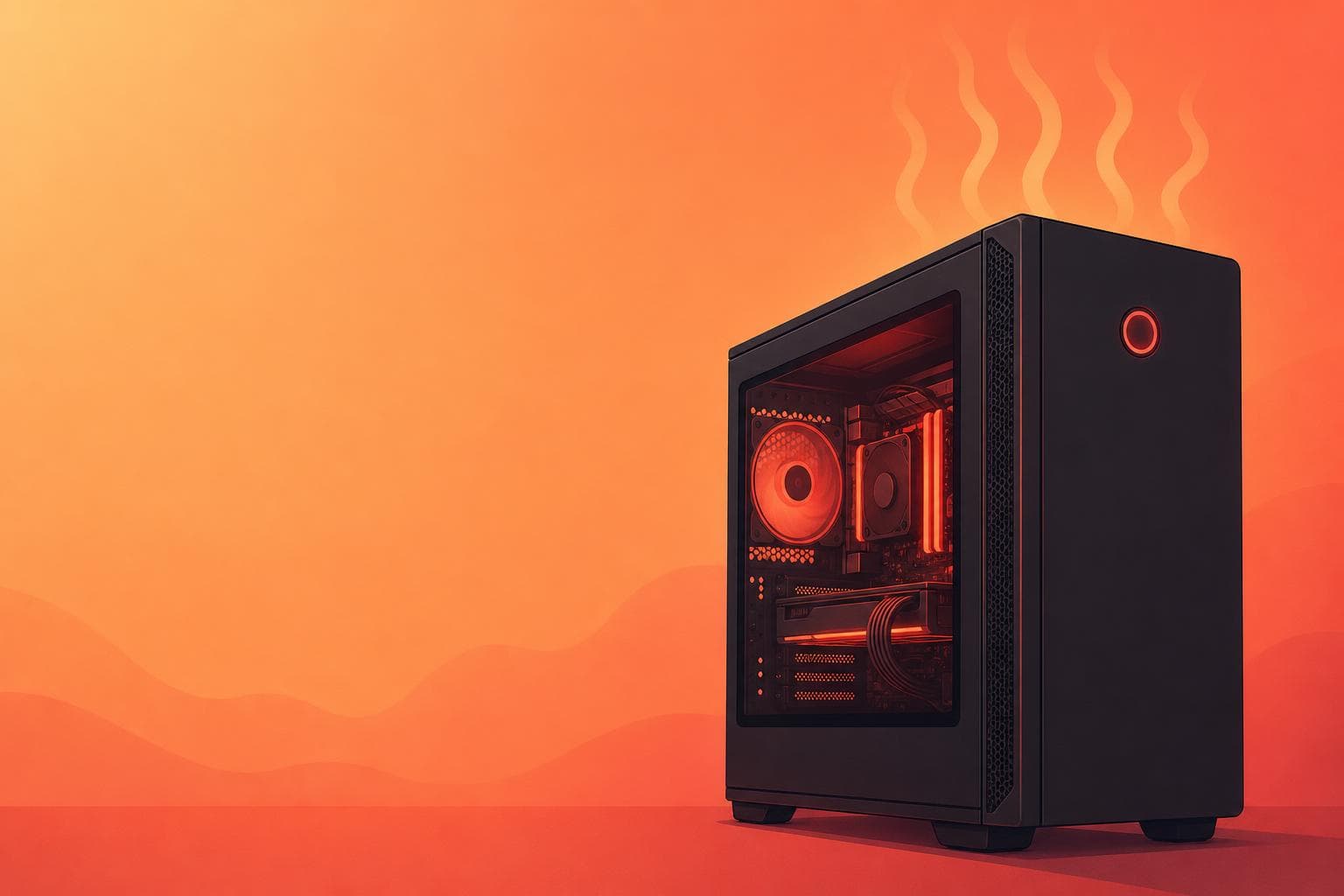 デスクトップPCから熱波が立ち上る様子のイラスト