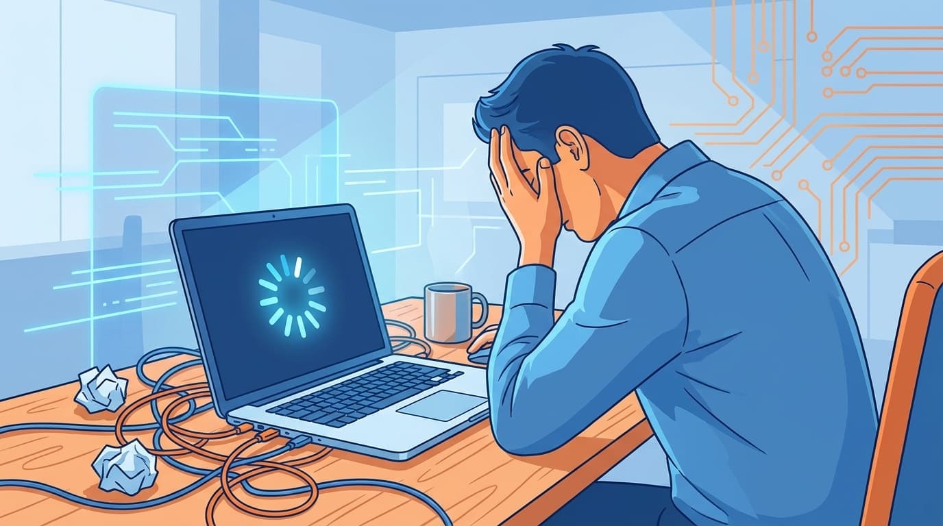 パソコンの動作が重くて困っている人のイラスト