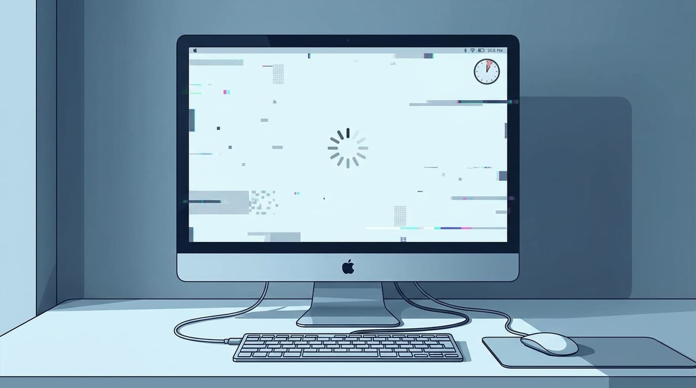 パソコンの画面がプチフリーズしてグリッチが表示されているイラスト