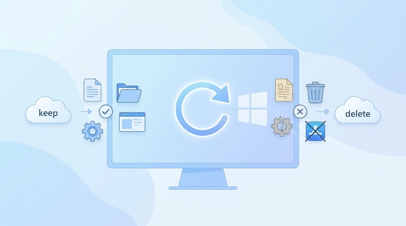 Windows 11のPCリセット機能を表す概念イラスト。保持されるファイルと削除されるアプリが分類されているイメージ