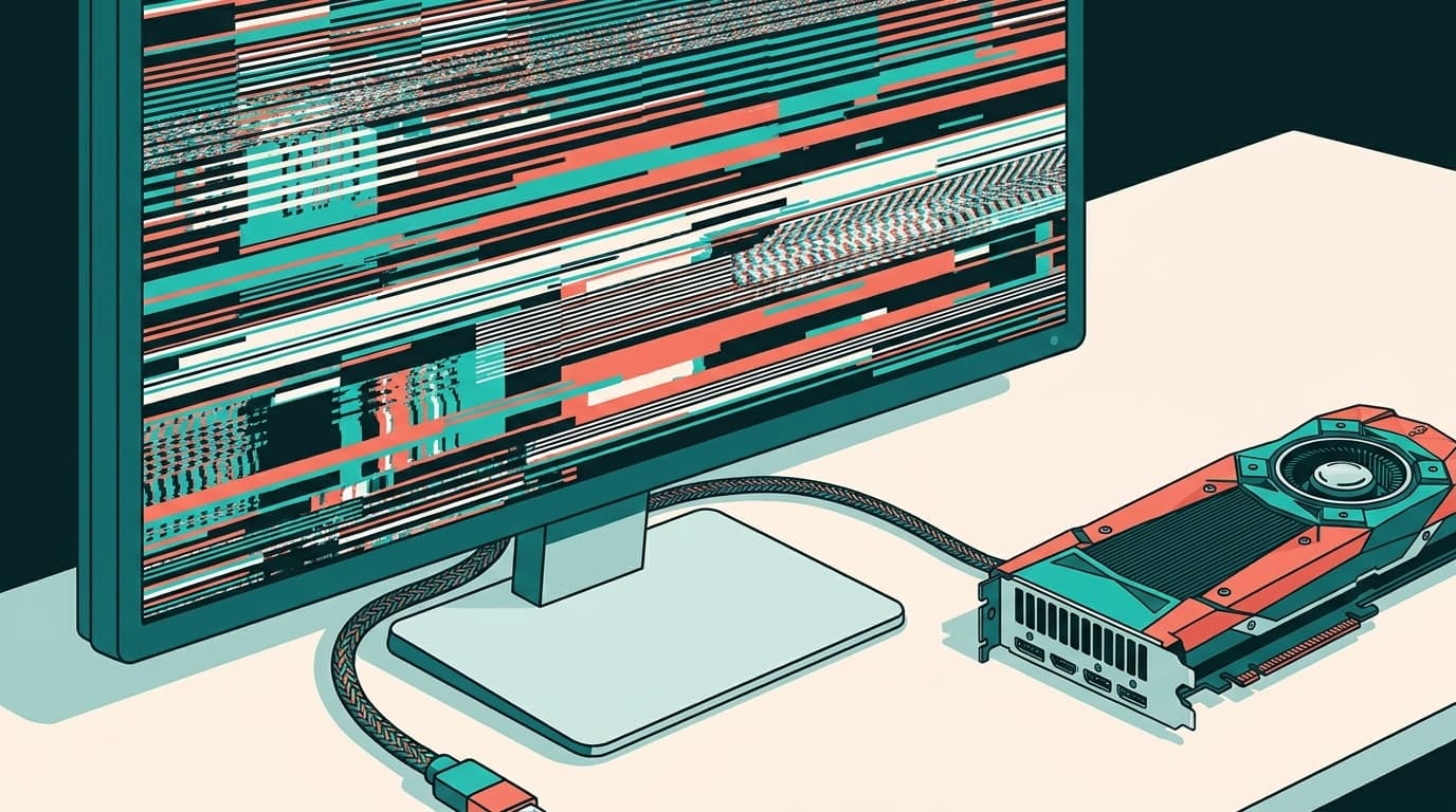 デスクトップPCのモニターに画面のちらつき・グリッチが表示されている様子のイラスト