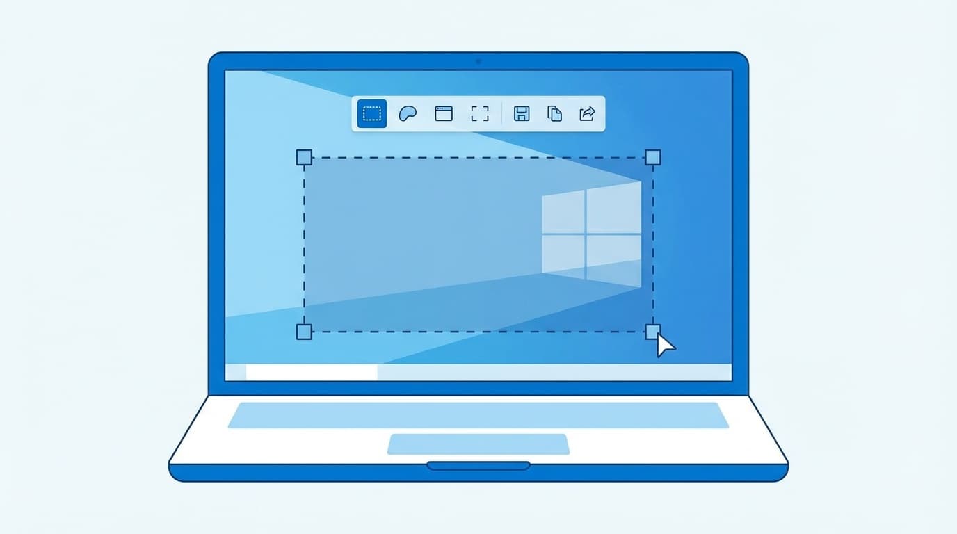 Windows 11のスクリーンショットツールのインターフェースを表示したノートパソコンのイラスト