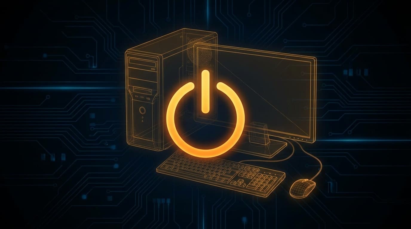Windows 11の高速スタートアップが有効な状態でPCの電源ボタンが点灯している様子を表す概念イラスト