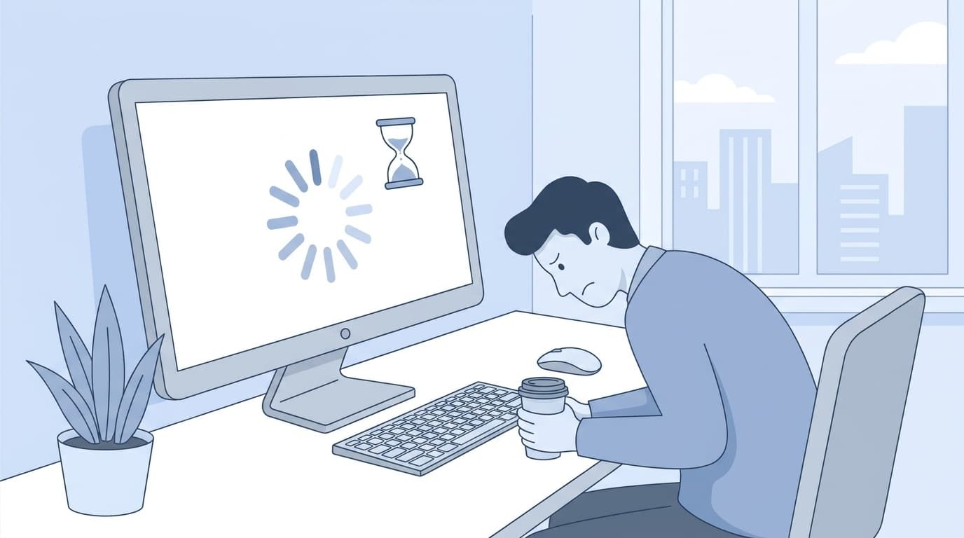 パソコンの起動直後にフリーズして待たされている様子のイラスト