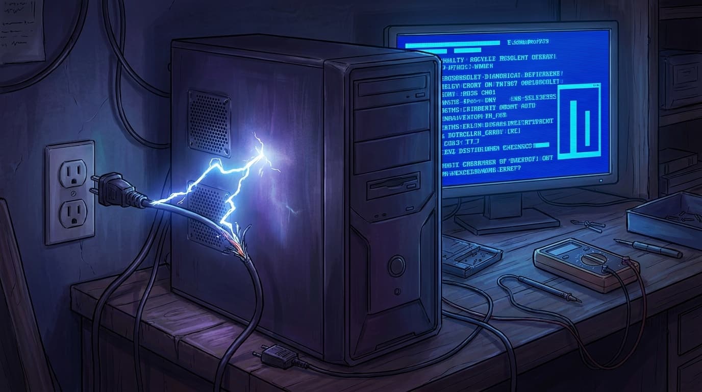 パソコンの電源が突然落ちるトラブルのイメージ。暗い部屋でデスクトップPCの電源が切れる様子