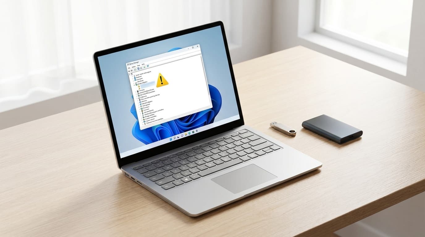 USBメモリと外付けSSDがノートPCの横に置かれたデスク。画面にはデバイスマネージャーの警告マークが表示されている