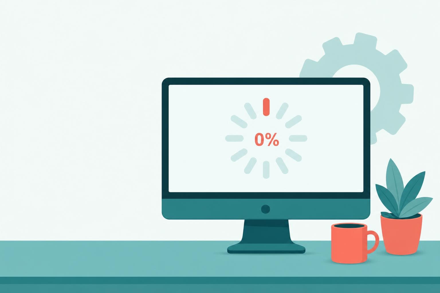 Windows Updateが0%のまま進まない状態をイメージしたイラスト
