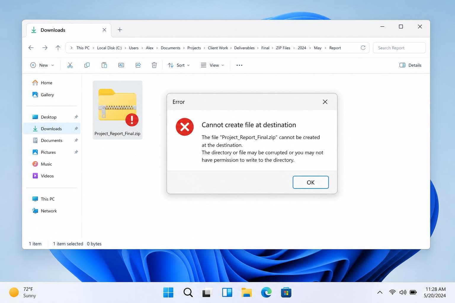 Windowsのエラーダイアログ「展開先ファイルを作成できませんでした」とZIPファイルのアイコン