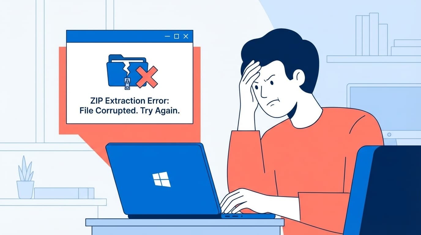 Windows 11でZIPファイルの展開エラーが表示されたパソコン画面のイラスト