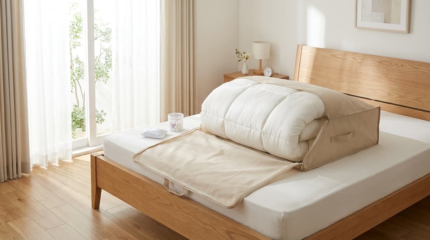 冬用の布団を不織布ケースに収納する様子。防虫剤と除湿剤が添えられている