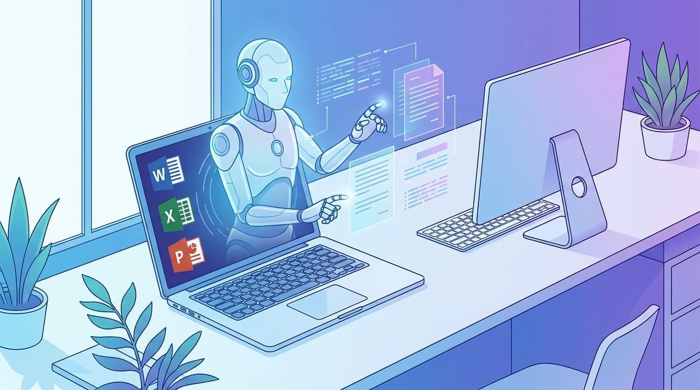 Word・Excel・PowerPointのCopilot Agent Modeを表すイラスト。ノートパソコンからAIアシスタントが浮かび上がり文書を編集している様子