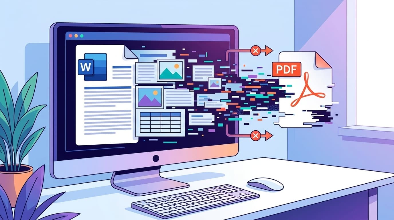 Word・ExcelをPDFに変換する際のレイアウト崩れ・文字化けトラブルのイメージイラスト