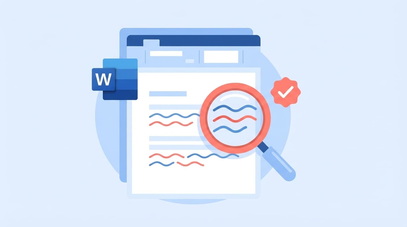 Wordのスペルチェック・文章校正の赤い波線と修正チェックのイメージイラスト