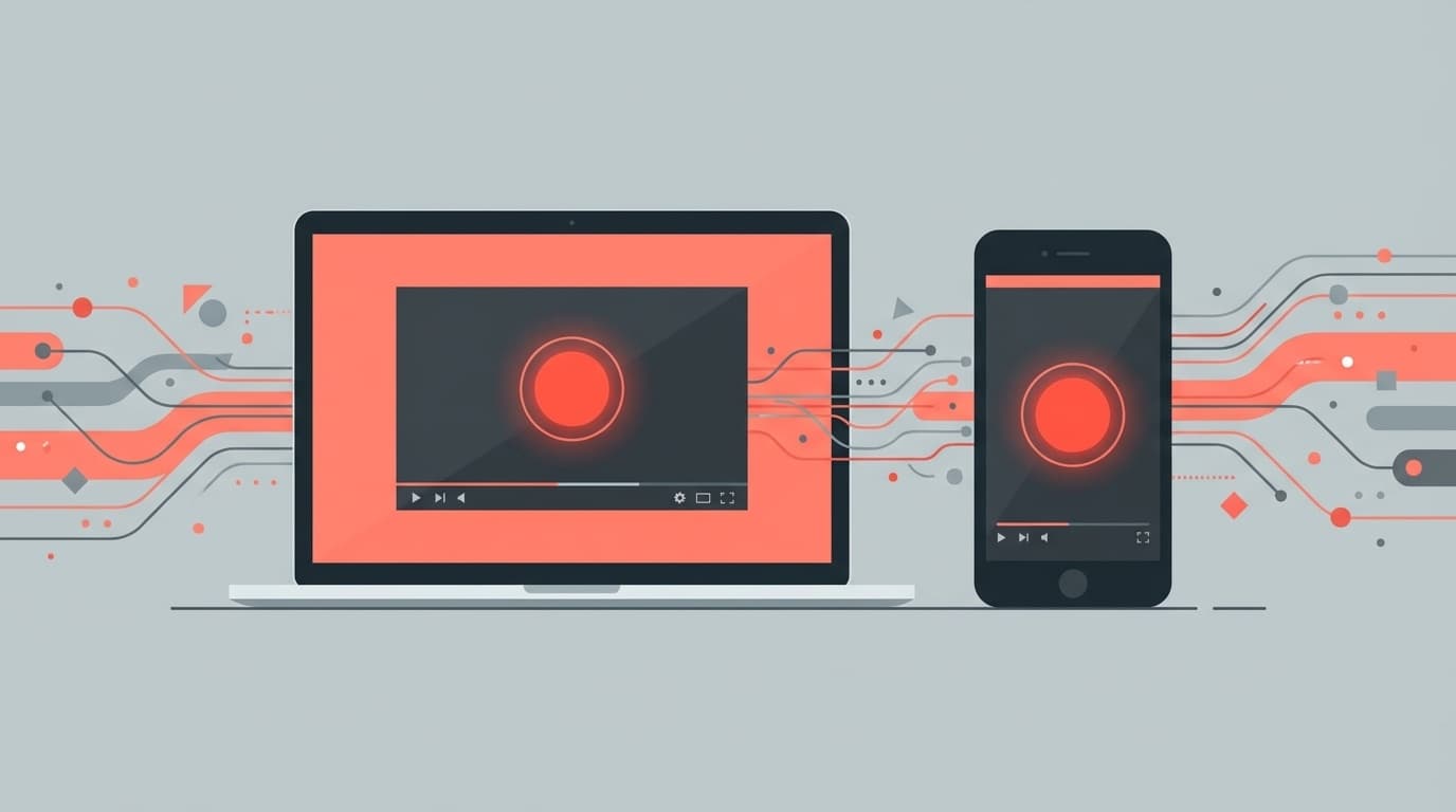 YouTubeライブ配信を録画・保存するイメージ。PCとスマートフォンの画面に動画プレーヤーと録画ボタンが表示されている