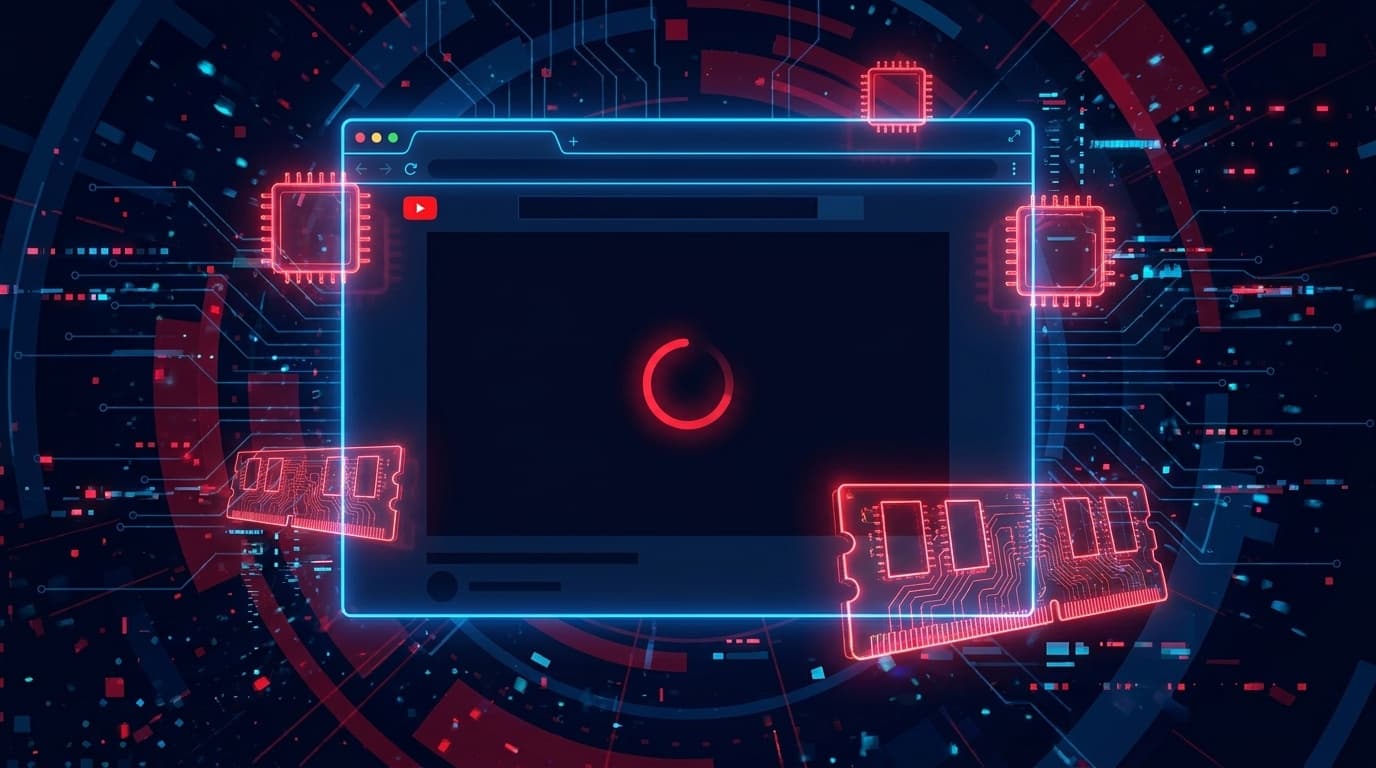 YouTubeのメモリ大量消費バグでブラウザがフリーズする様子を表したイラスト
