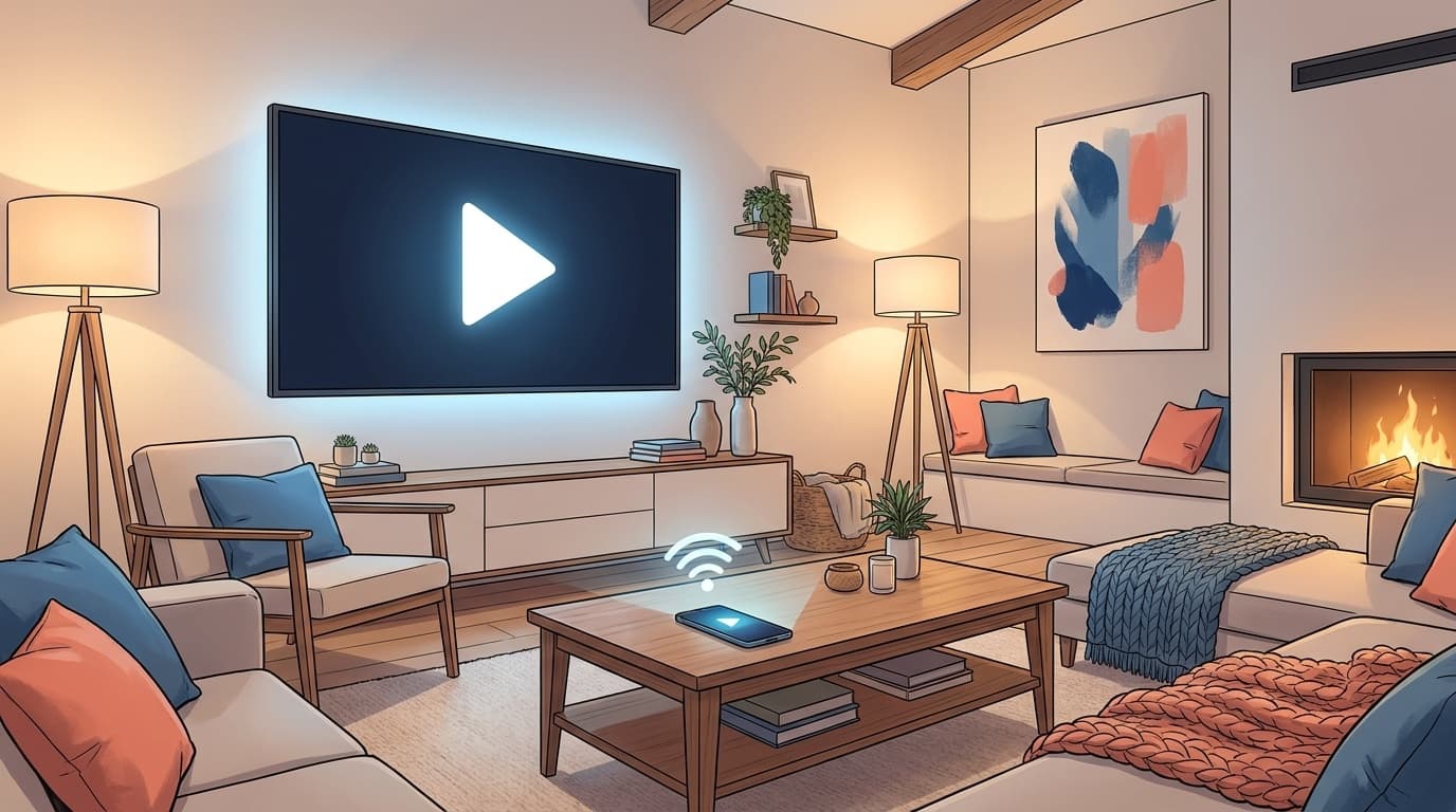 リビングのテレビにスマホからYouTubeをキャストしているイメージイラスト