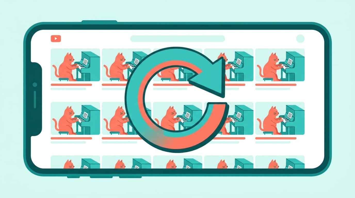YouTubeのおすすめ動画が同じものばかり表示されるスマホ画面のイラスト
