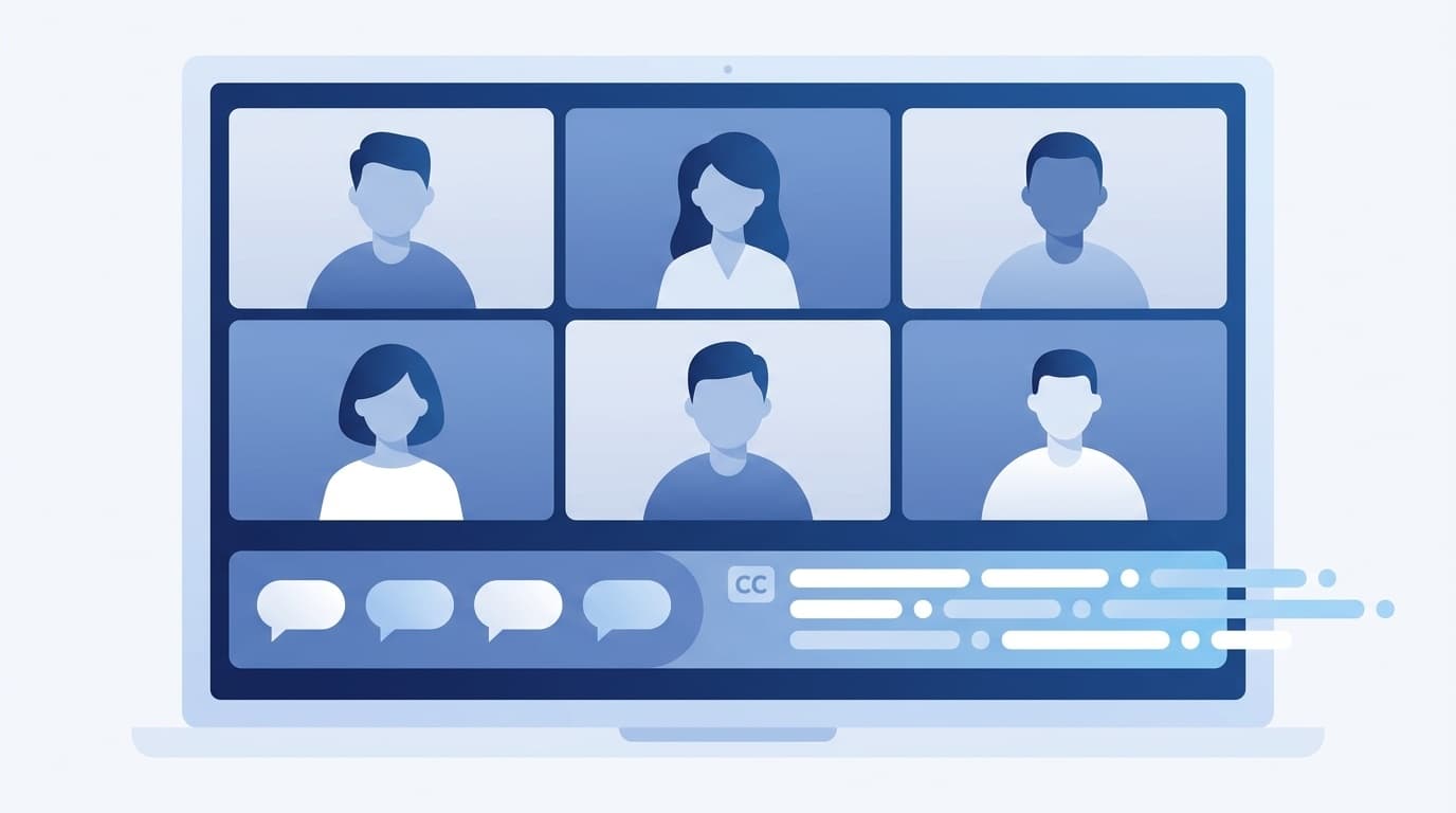 Zoomのビデオ会議画面に字幕・キャプションが表示されているイメージイラスト