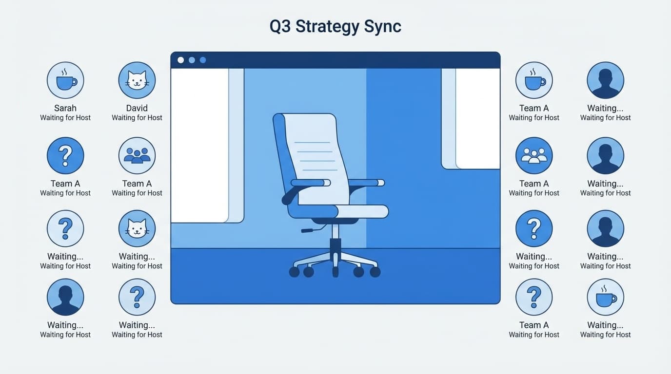 Zoom会議でホストが不在のときの対処法を示すイラスト