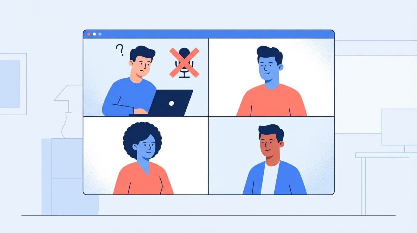 Zoomでマイクが認識されず困っている人のイラスト