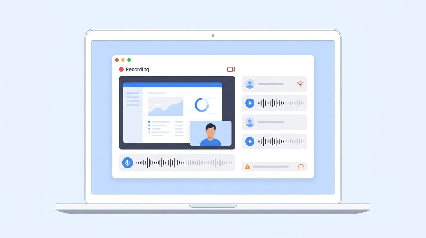 Zoomの録画設定画面と画面共有・音声のチェックポイントを示すイラスト