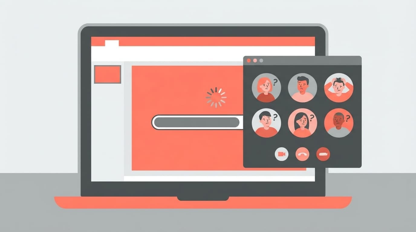 Zoomの画面共有でPowerPointのスライドが切り替わらないトラブルのイメージイラスト