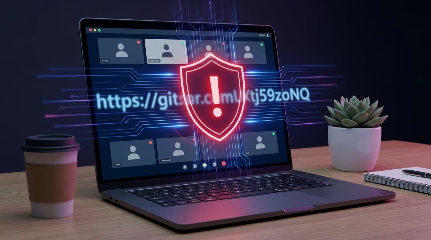 ノートPCの画面に表示されたビデオ会議インターフェースと警告シールドアイコン